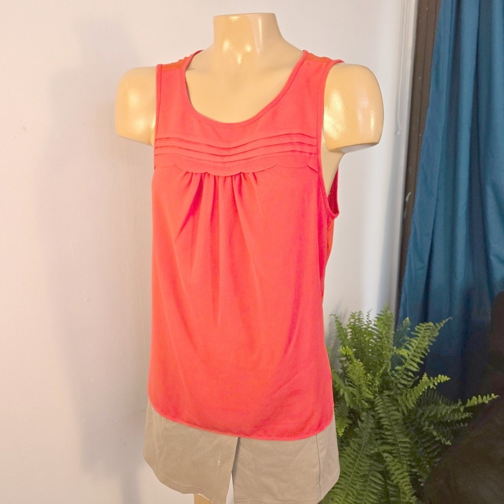 ELLE Womens Sleeveless Blouse Medium Orange Pleated Scalloped Cottage Core
